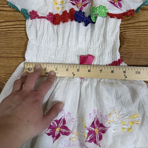 Embroidered Mexican Dress Girls White Flower Patterns 24” Length - Picture 7 of 16